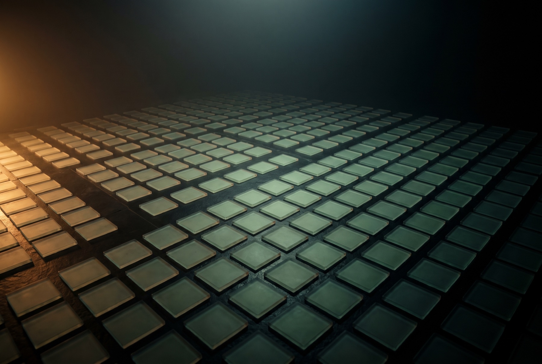 The tile field from a high angle, a long diagonal into the haze.